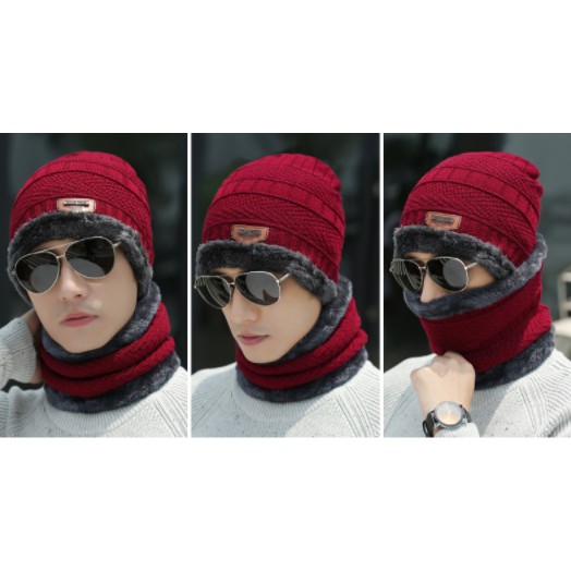 TOPI SYAL KUPLUK RAJUT BEANI SCARF BAHAN TEBAL 2 IN 1 SET TOPI HIKING BAHAN WOOL