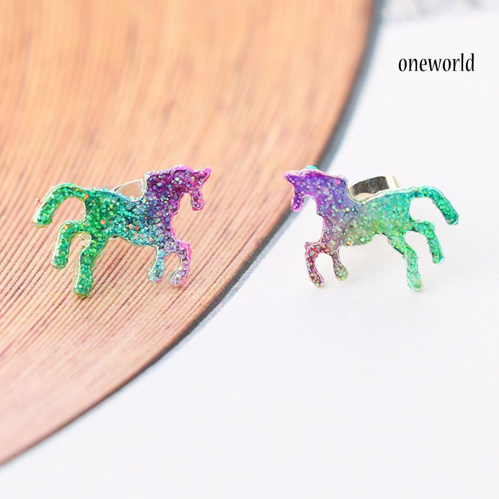 OW@ Colorful Unicorn Stud Earrings Shiny Horse Stud Earrings Women Charm Jewelry