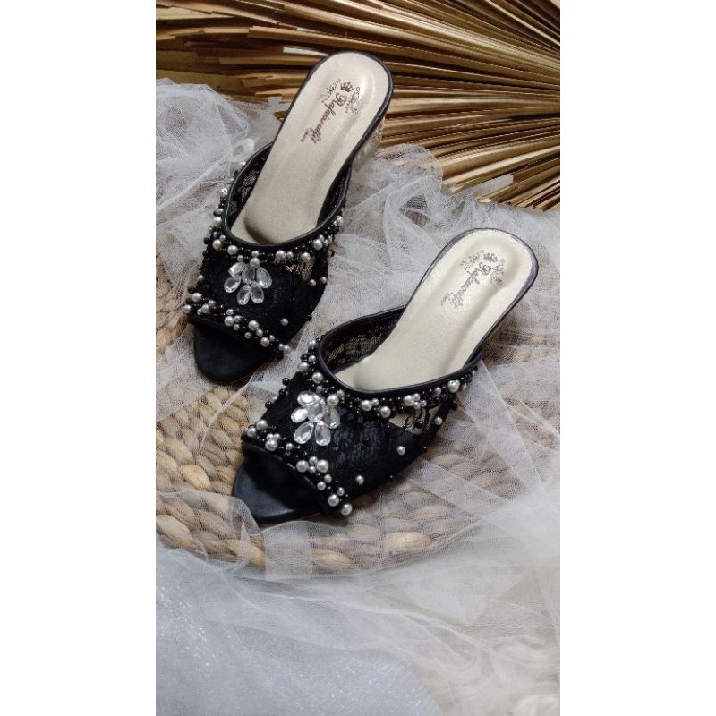 sepatu  Arsy wedding sepatu wedding hitam wanita cantik 3cm kaca