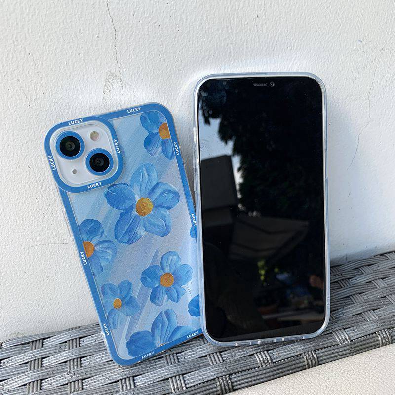 Blue Oil Painting Flowers Soft Case iP iPhone 11 12 13 Pro Max 6 6S 7 8 + Plus X XR SE 2020 XS Max Casing