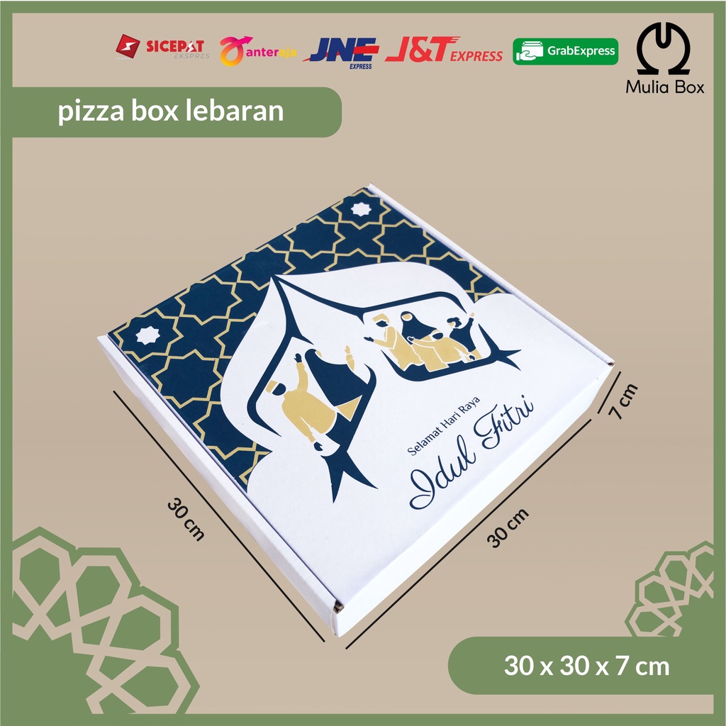 

Kardus Lebaran Idul Fitri Pizza Box 30 x 30 x 7 cm Greetings Blue (ISI 5PCS) / Dus Parcel Hampers Toples Kue Kering Kado Bingkisan Corrugated Box