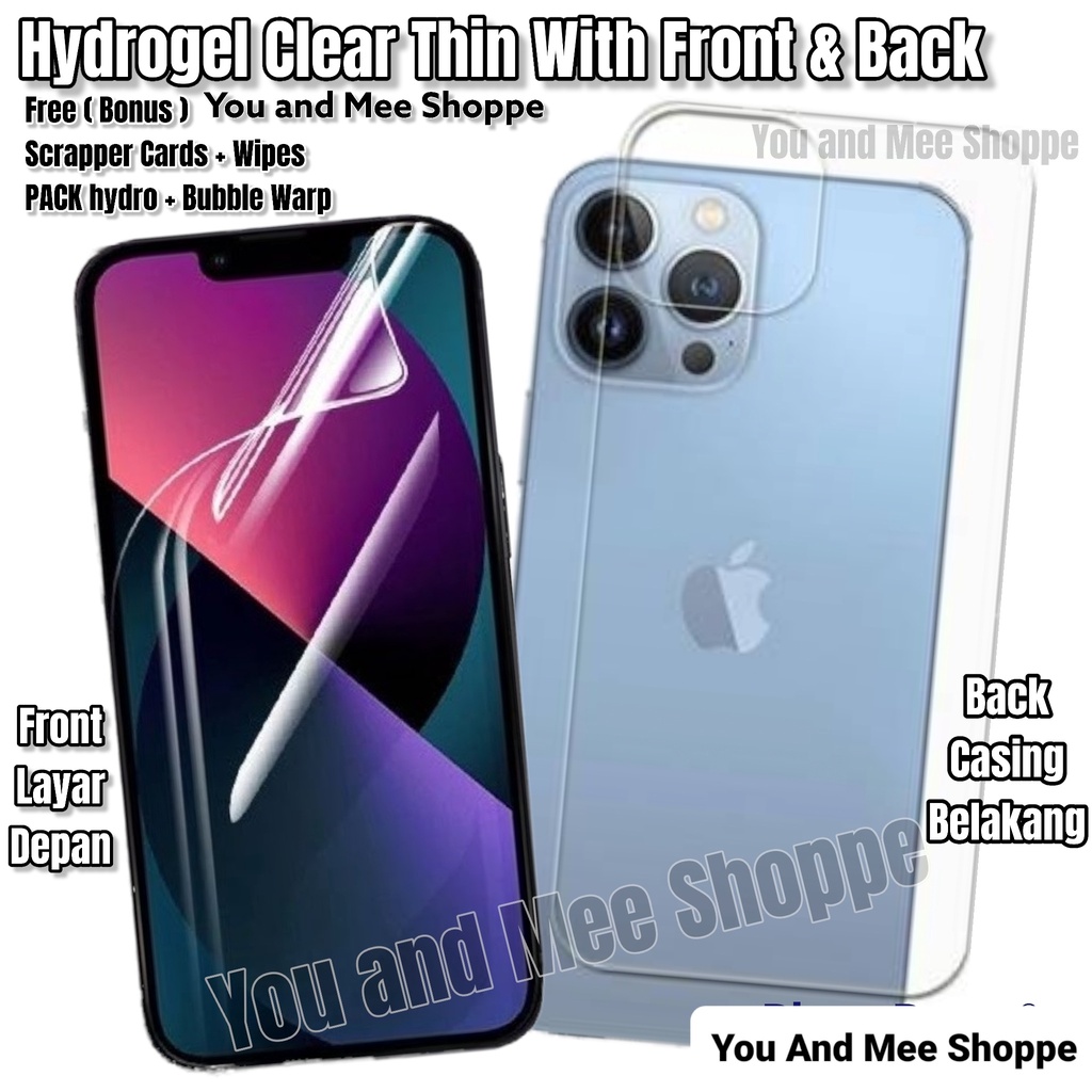 Hydrogel Clear Front-Back iPhone 13 13PRO 13PROMAX 13Mini 12 12Mini 12PRO 12PROMAX 12Mini Hidrogel Full Cover-Ful Coverage Bening Glossy-Glosy Jelly-Jel Hydro Depan-Belakang Antigores-Anti Gores Transparan-Transparent Tipis-Bagus-Laris PROMAX PRO MAX Mini