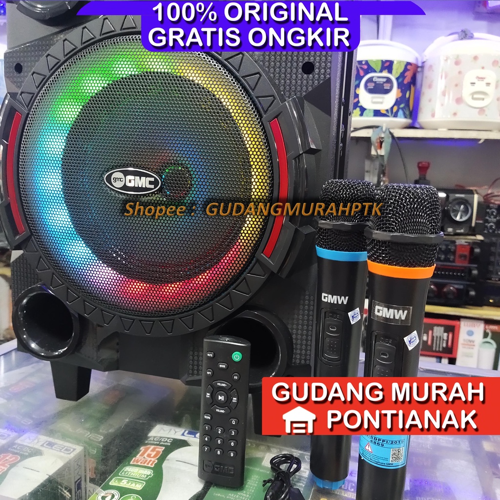 Speaker Portable Bluetooth GMC 897T bonus 2 mic Wireless salon charge Suara Mantap Nyaring Troli roda Troly