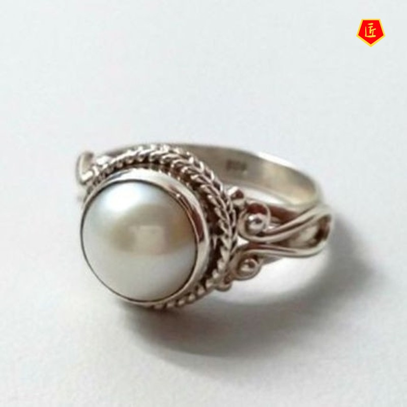 [Ready Stock]S925 Vintage Silver Inlaid Pearl Ring Fashion