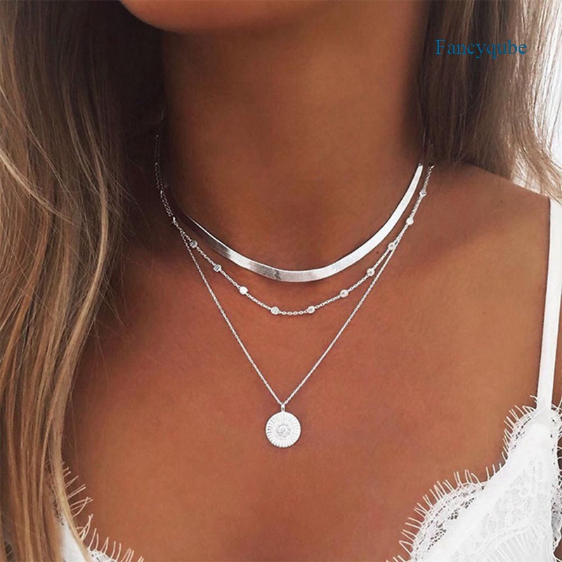 Fancyqube Kalung Rantai Multilayer Bahan Alloy Warna Silver Gaya Bohemia Untuk Wanita