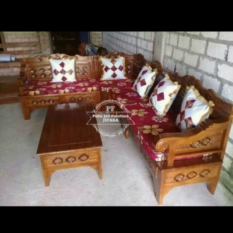 1 Set kursi tamu sudut ukir kayu jati + busa dudukan + bantal