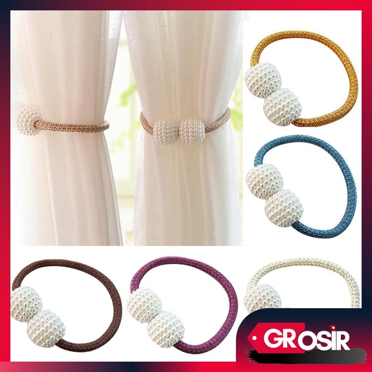 Grosir - H695 (2 PCS) Tali Pengikat Tirai Magnet / Gorden dengan Buckle Magnet Aksen Mutiara Imitasi