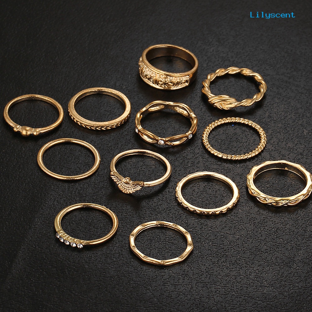 12pcs / Set Cincin Knuckle Desain Ukiran Twisted Aksen Berlian Imitasi Gaya Retro Untuk Wanita