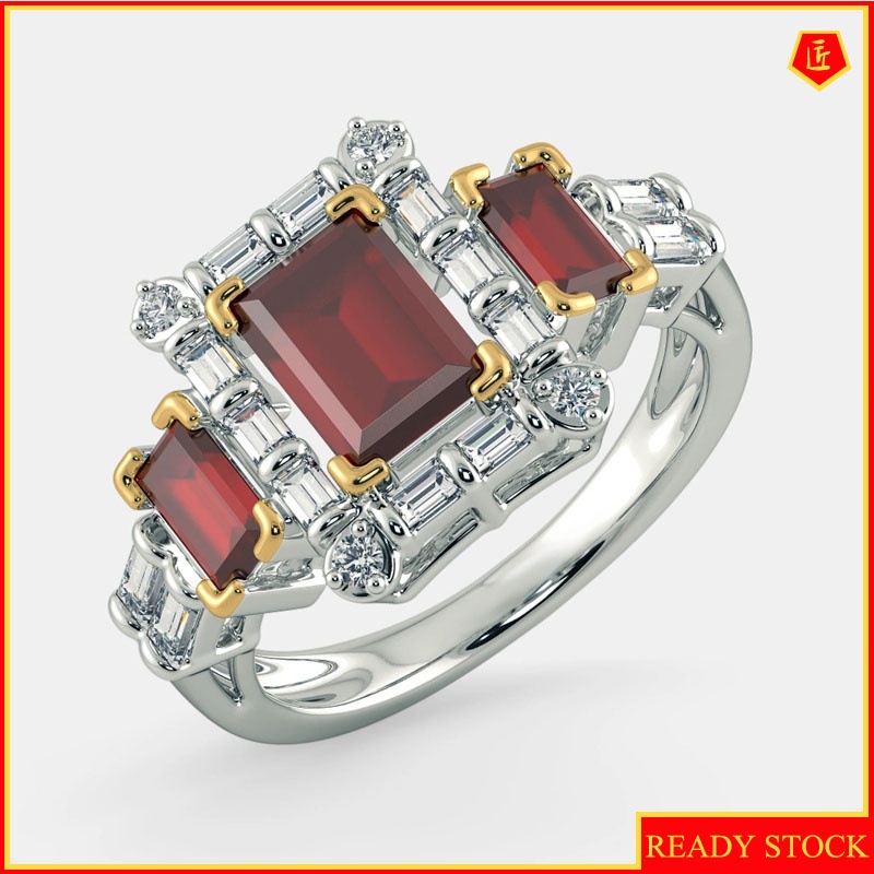 [Ready Stock]Elegant Fashion Inlaid Emerald Ruby Square Diamond Ring