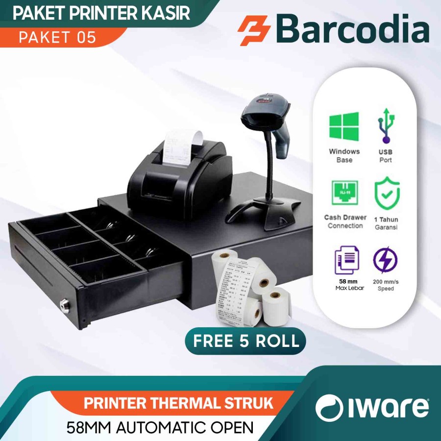 PAKET KASIR USB WINDOWS (Cash Drawer+Printer+Scanner STAND+STRUK)