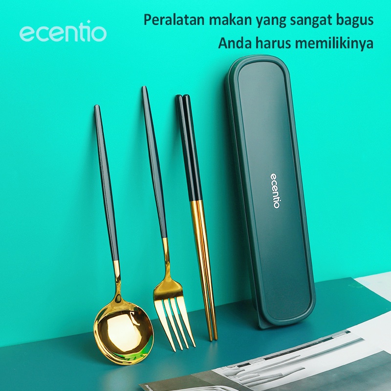 ecentio &amp; FOODI 2/3/4 pcs Sendok Makan / Stainless Steel/Dengan Kotak Berbahan Stainless Steel Sumpit Sendok Set