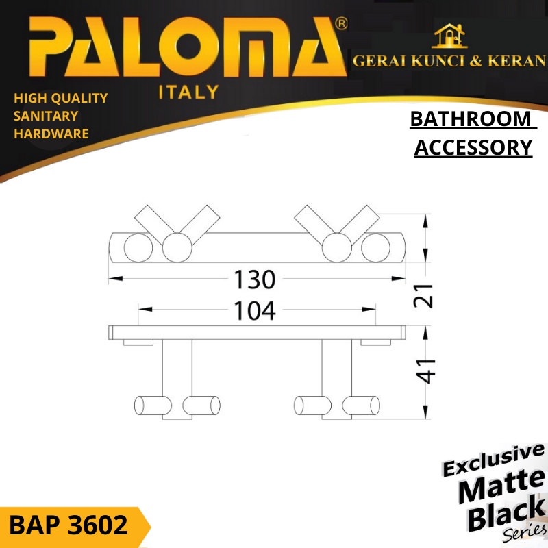 PALOMA BAP 3602 Kapstok Gantungan Baju Handuk Rak Hanger Mandi 4 Kait Hitam Black