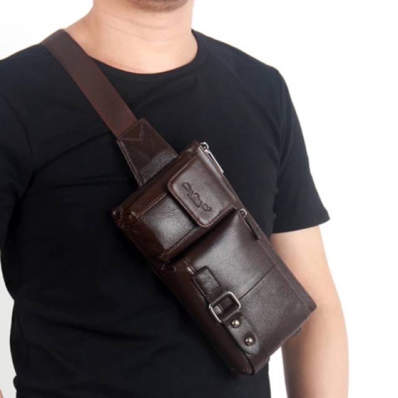 Tas pinggang pria serbaguna-waist bag kulit multifungsi cheersoul 8811 coklat original