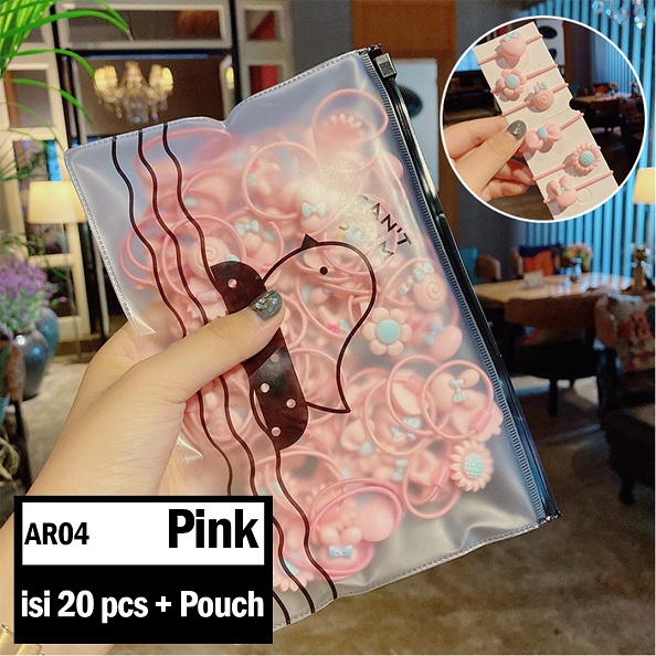 Fynshop ♛ AR04 20 Pcs Set Ikat Rambut bahan karet Warna-Warni Gaya Korea untuk Anak Perempuan-Pink