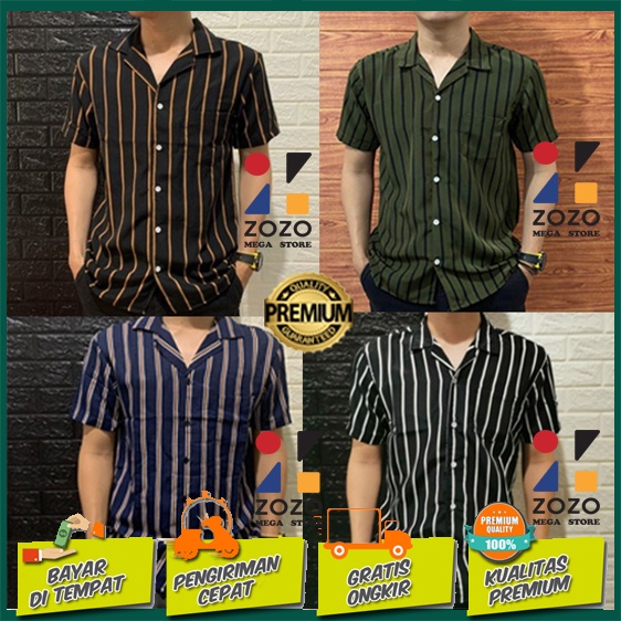 Kemeja Salur Garis-Garis Pria Lengan Pendek Cowok Baju Strip Belang Stripe XXL