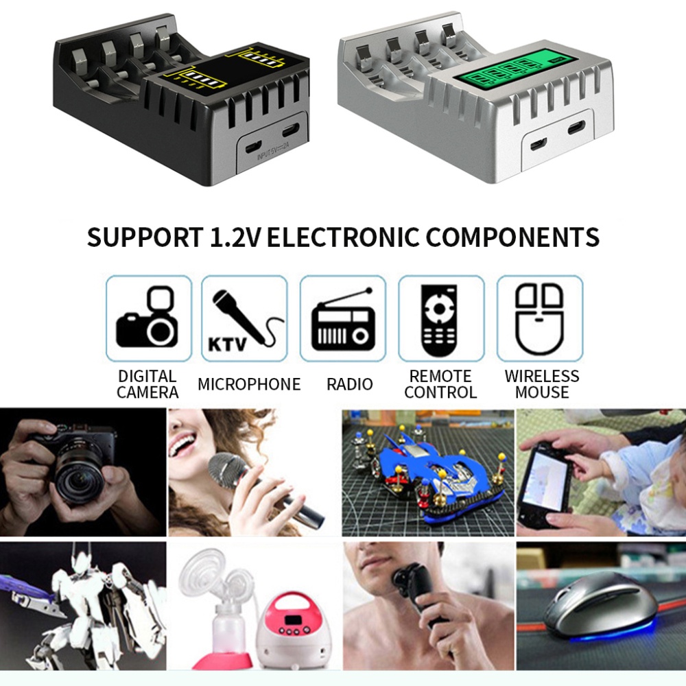 Layar LCD Pengisi Daya Baterai Cerdas Cerdas Dengan 4 Slot Untuk Baterai Isi Ulang AA/AAA NiCd NiMh