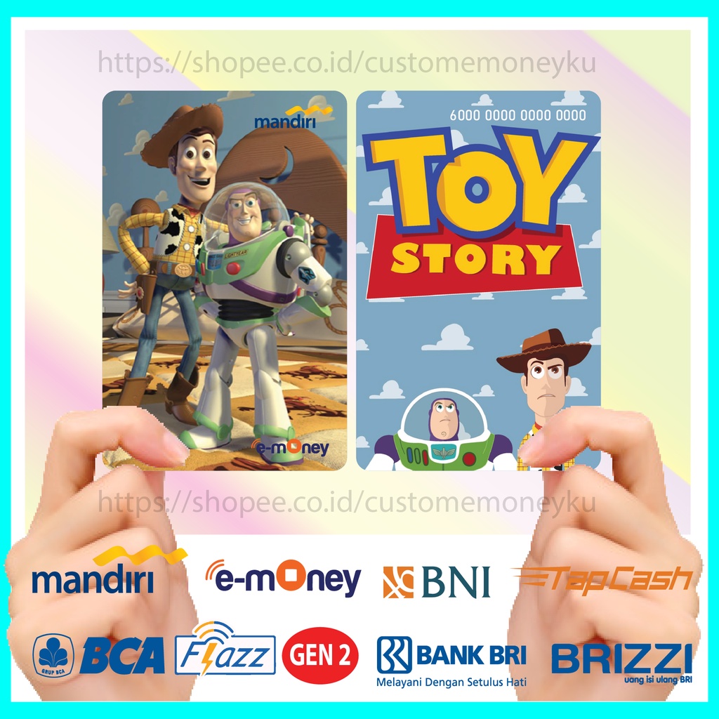 KARTU EMONEY ANIME KARTUN TOY STORY WOODY &amp; BUZZ ETOLL E-MONEY MANDIRI FLAZZ BCA GEN 2 TAPCASH BRIZZI - 2 SISI