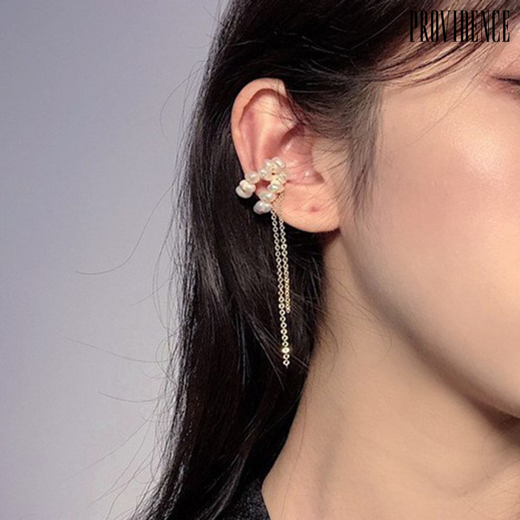 1 Pasang Anting Ear Cuff Bentuk C Asimetris Aksen Mutiara Tiruan Untuk Aksesoris Perhiasan