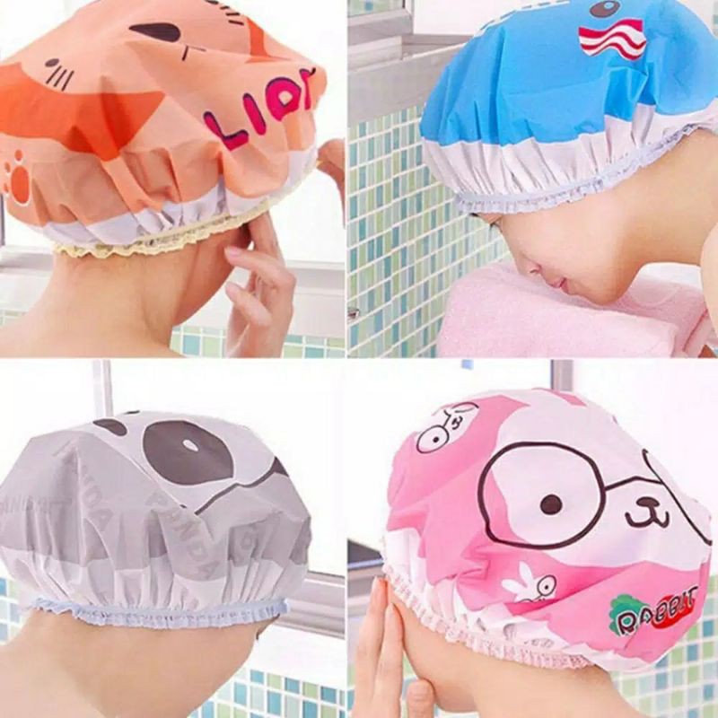[Bisa COD] PENUTUP KEPALA ELASTIS ANTI AIR MOTIF KARTUN UNTUK MANDI