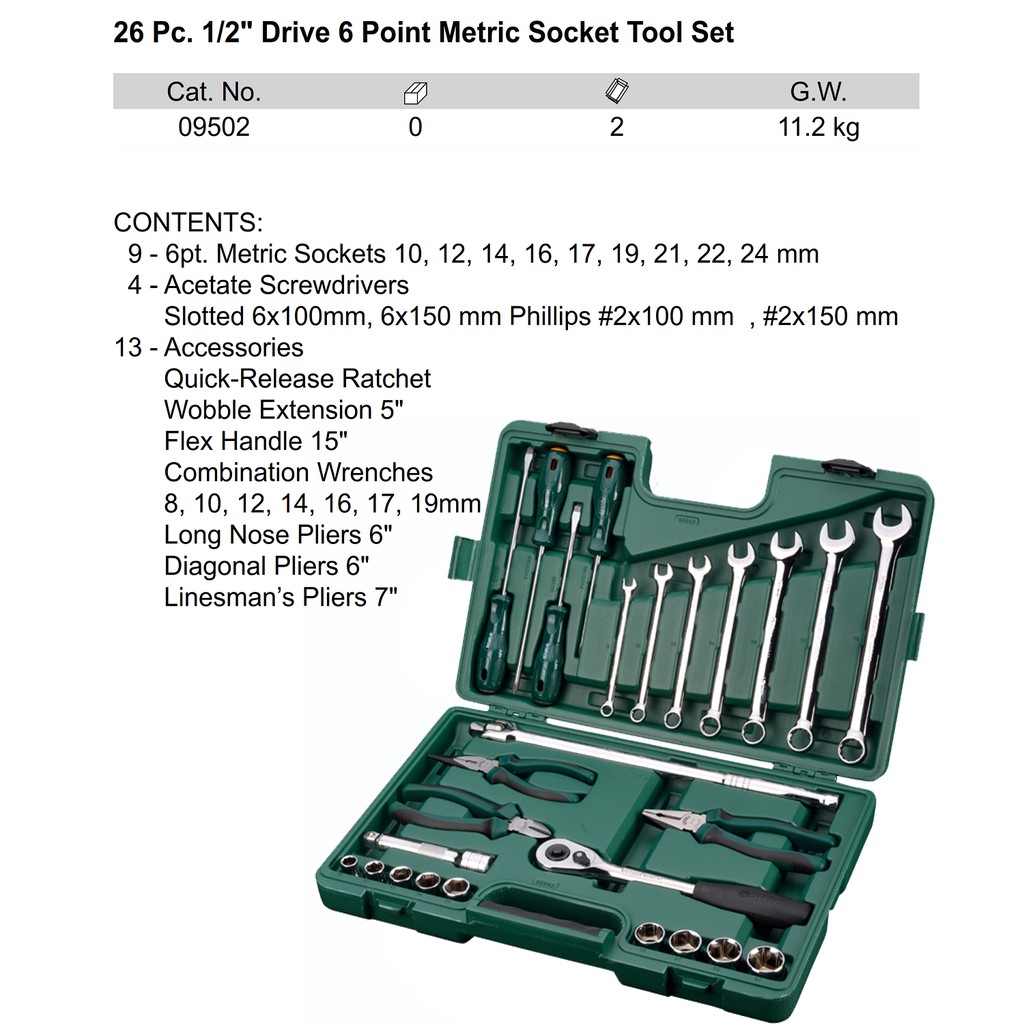 Kunci Socket Set 26 Pcs 1/2&quot; INCH 09502 METRIC SATA TOOLS