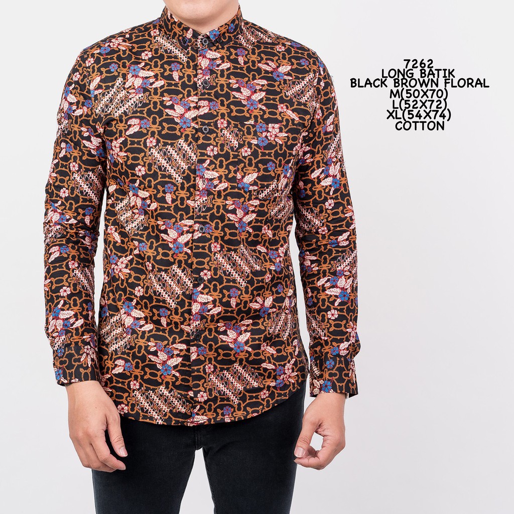 Credo Promo 7262 Kemeja Batik Pria Lengan Panjang Hitam Motif Coklat Floral murah