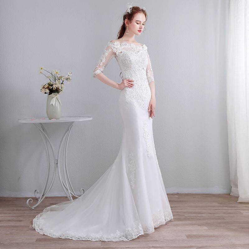 Putih Sabrina Mermaid Wedding Dress Gaun Pengantin Renda Putri Duyung Fishtail Bridal Dress