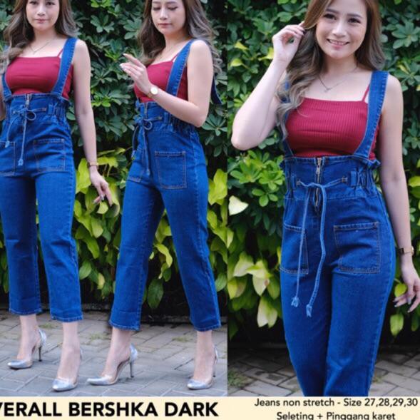 Best Seller.. REALPIC  OVERALL BERSHKA BOYFRIEND - baju kodok jeans / overall wanita mischa dark BI