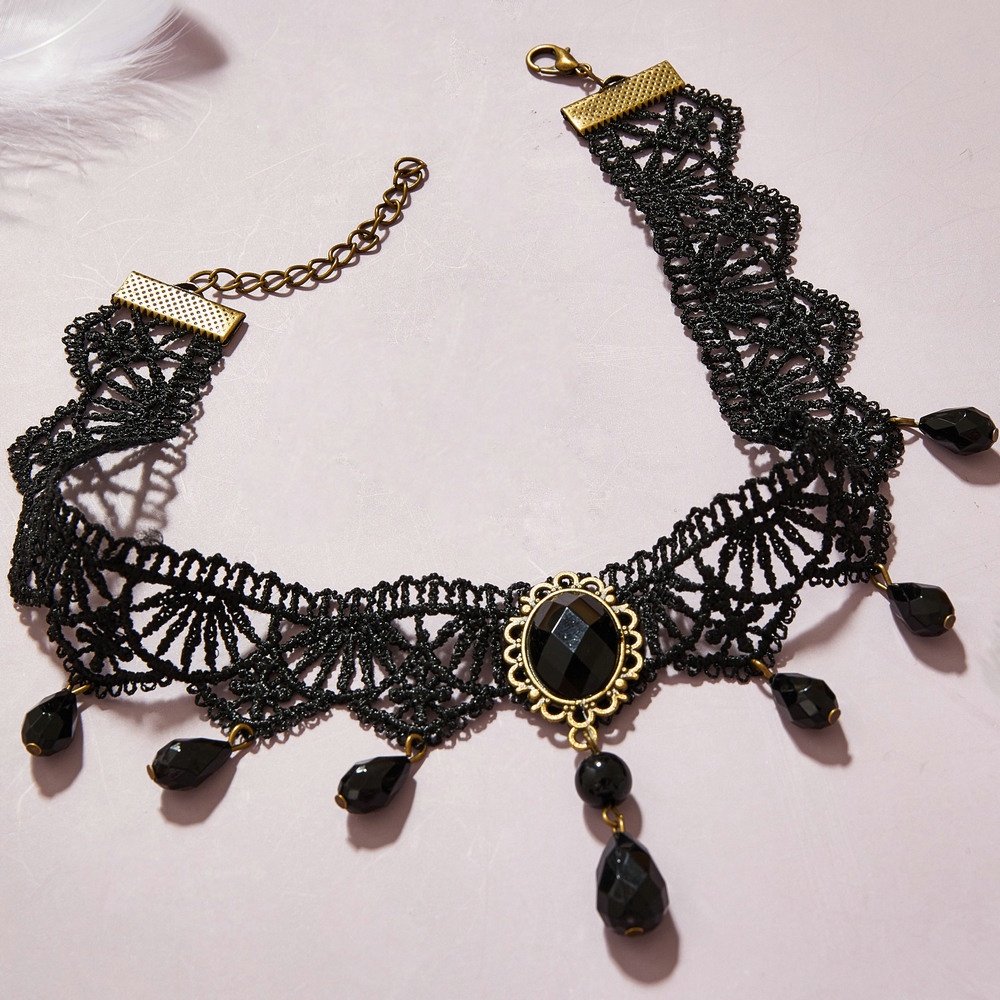 2022 Kalung Choker Lace Hitam Hias Kristal Gaya Gothic Victoria Retro Vintage Untuk Wanita