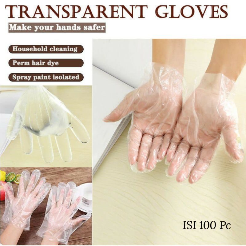 Sarung Tangan Plastik Isi 100Pcs Disposable Plastic Gloves Sekali Pakai Bening Polos Transparan