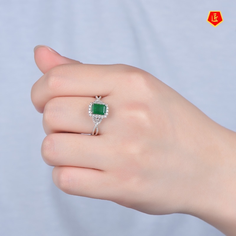 [Ready Stock]Inlaid Square Emerald Diamond Ring Fashionable Elegant