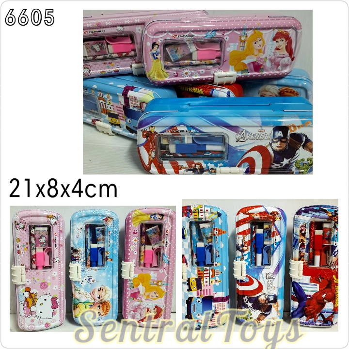 

Kotak Pensil Kaleng + Alat Tulis FROZEN HELLO KITTY SPIDERMAN TAYO PRINCESS CAPTAIN AMERICA (6605)