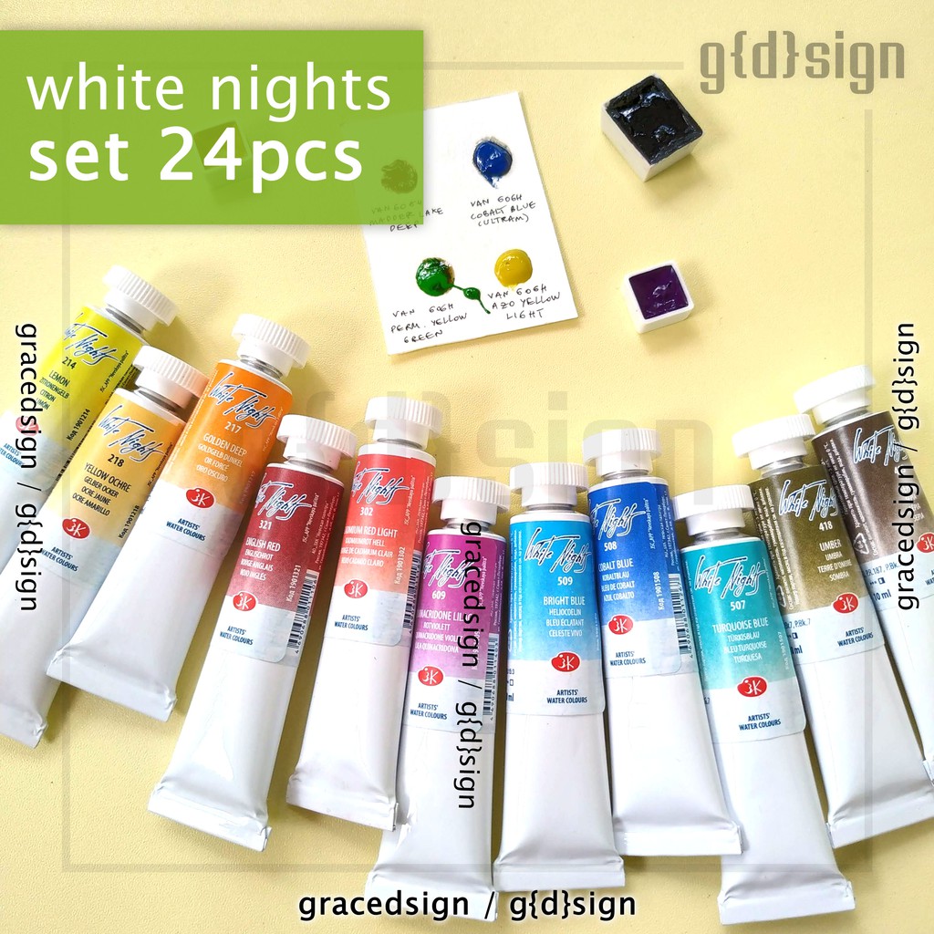 

Set 24 pcs - White Nights Watercolor - Share Tube Cat Air Hand Poured Dot Card Mini Pan Half Pan