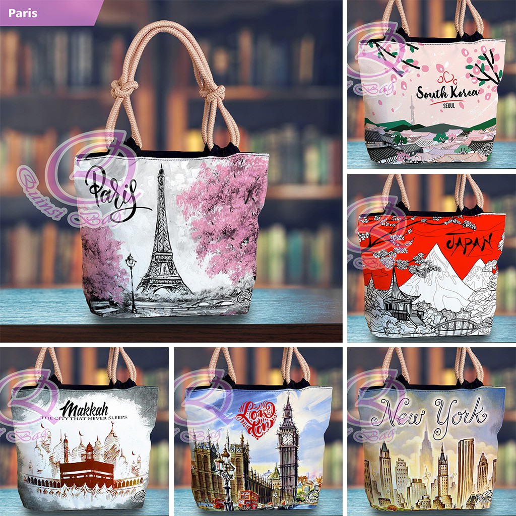 [GROSIR] Totebag Tali Sumbu Tas Wanita Landmark Printing Kabah Paris London Jepang Korea USA Singapore Vietnam Souvenir Umroh Haji