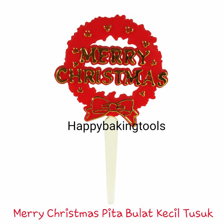 Tusukan merry christmas pita bulat kecil, topper kue natal, hiasan kue natal