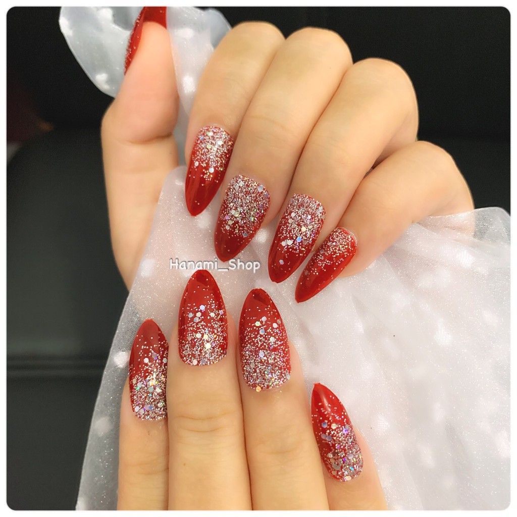 wedding fake nail false nail kuku palsu pernikahan merah maroon glitter sgm