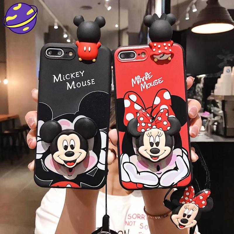 Disney Cartoons Mickey Minnie Soft Case iPhone 11 Pro Max XS XR SE2 i6 7 8 Plus Cartoon bracket lanyard Case