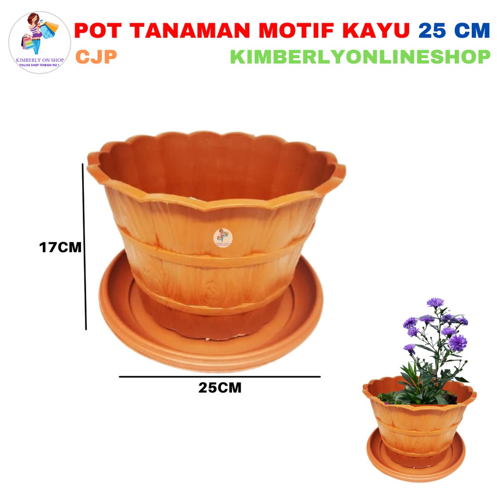 Pot Bunga Motif Kayu 25 cm + Tatakan