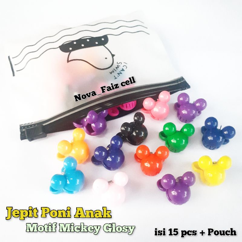 15pcs + Pouch - Jepit Poni Mickey Glossy 1,5cm Anak-Anak