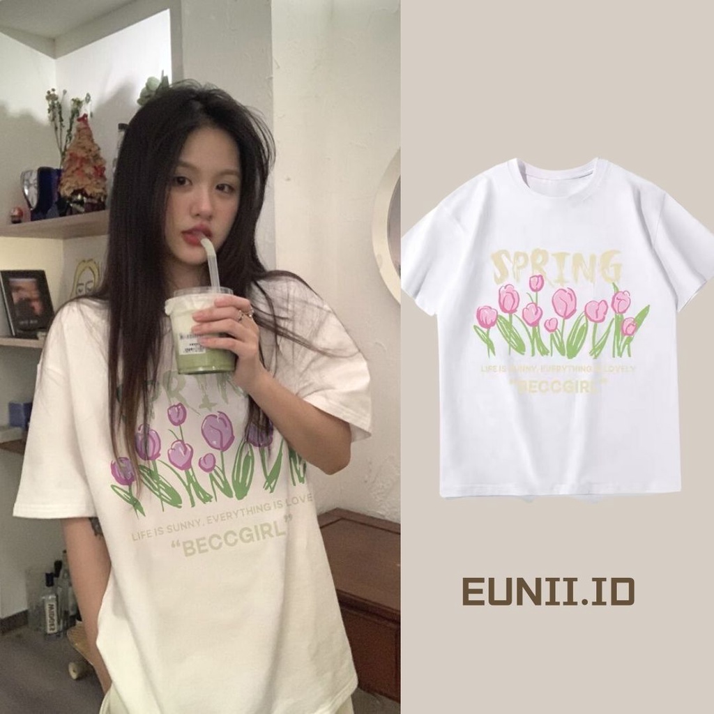 EUNII T-shirt Lengan Pendek Manis Bunga Tulp Pencetakan Longgar Korean Style/Kaos Atasan Wanita/Baju Kaus Oversize Wanita