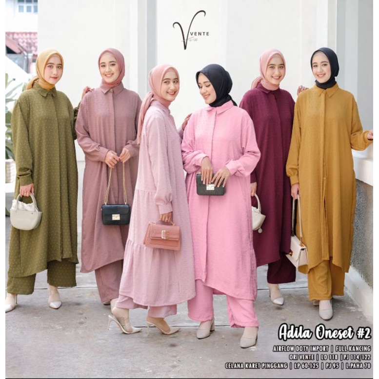 Vente Adila One Set Baju Wanita Muslim Crinkle Rubi Airflow Dotty Jumbo Polos Size XXXL