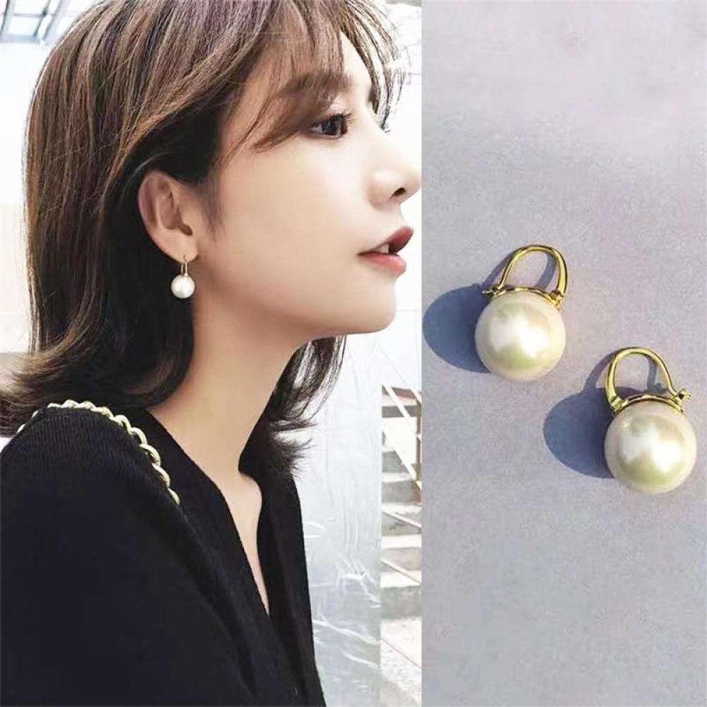 Timekey Anting Tusuk Gantung Desain Geometri Hias Mutiara Besar Gaya Retro Untuk Wanita F5O9