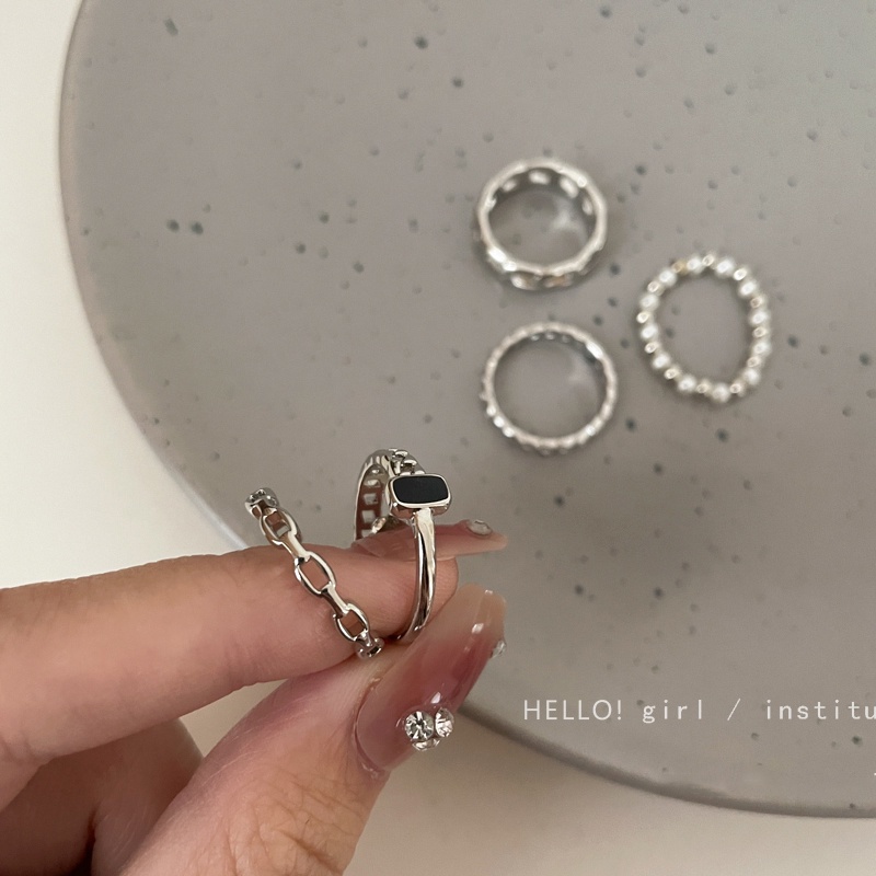 AY(CN) 5pcs / Set Cincin Manik-Manik Mutiara Permata Hitam Bentuk Persegi Untuk Wanita
