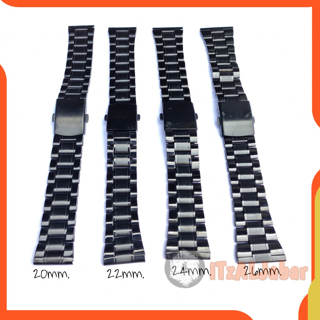 Tali jam Rantai Stainless strap Lurus hitam 20mm 22mm 24mm 26mm