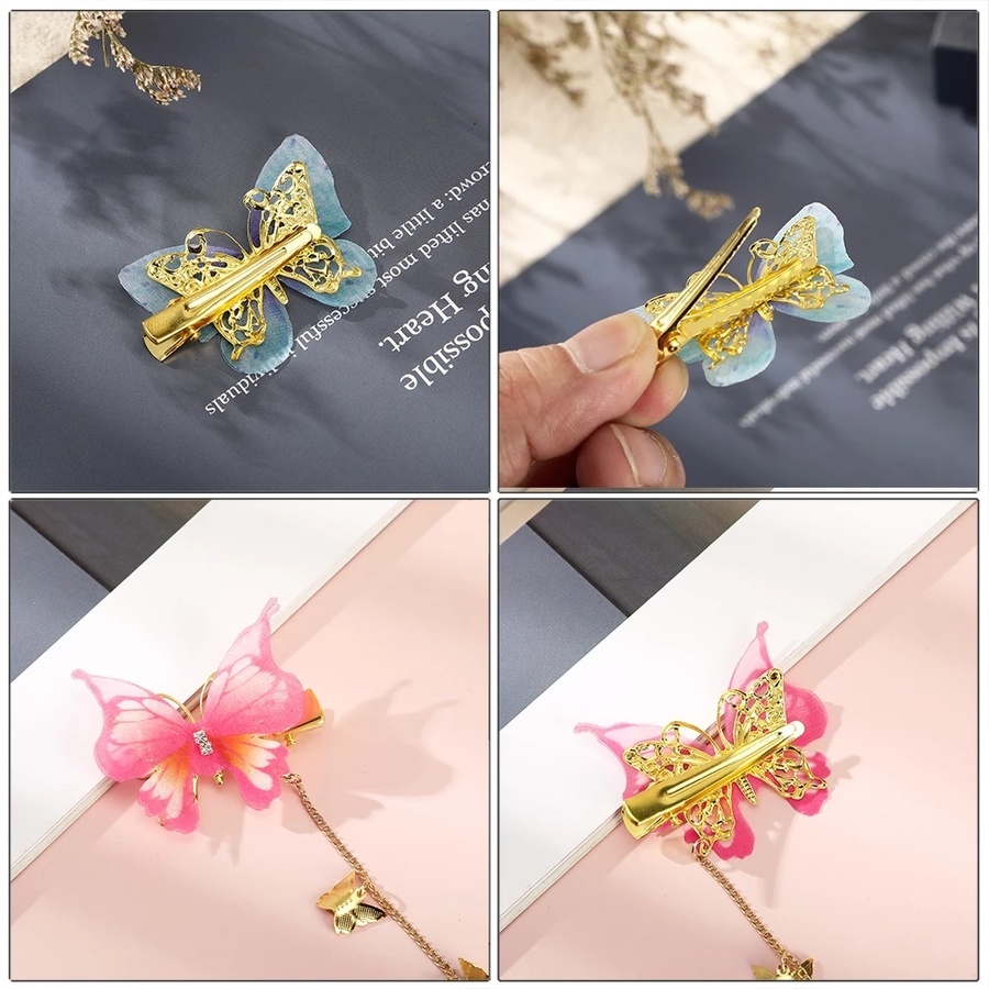 2pcs / set Jepit Rambut Model Rantai Rumbai Butterfly Aksen Kristal Untuk Wanita