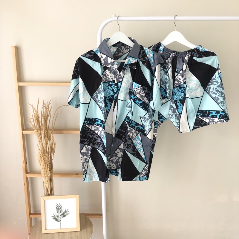 hirafa - One Set Setelan Atas Bawah Full Kancing / Baju Santai Tie Dye / Baju Wanita Pria-Abstak - Tosca