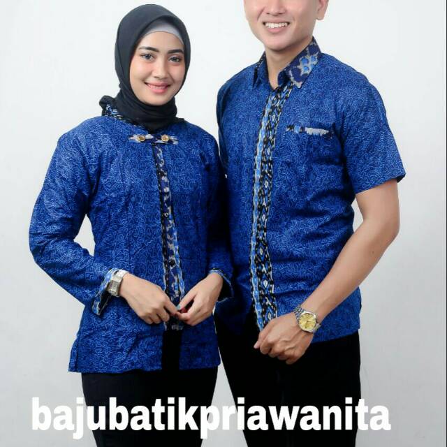 Seragam batik kerja kantor warna biru untuk pria lengan pendek wanita lengan panjang