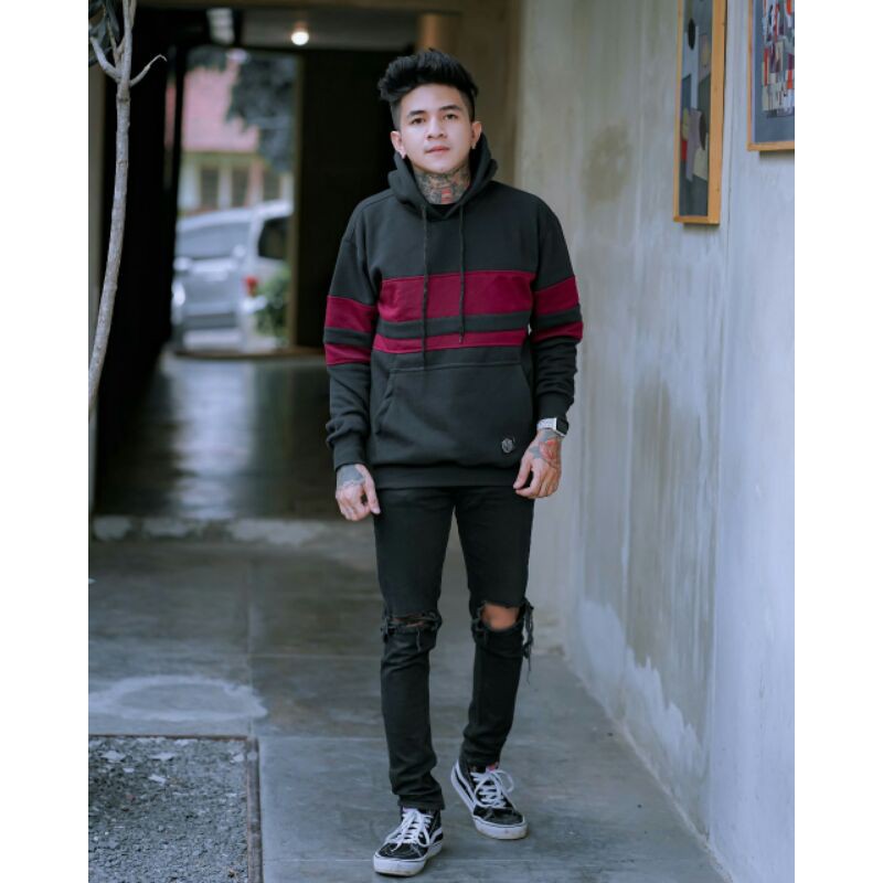 Sweater Hoodie Unisex Sweater Salviohexia Hitam kombinasi Maroon Sweater Pria Slvhx
