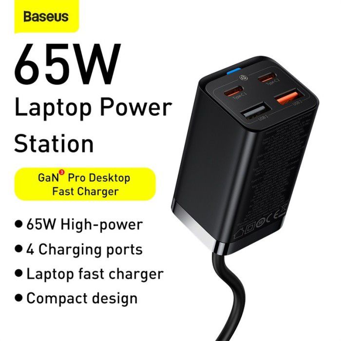 Baseus GAN 3 Pro Desktop Fast Charger 65W 4 in 1 -  Adaptor Wall Charging - 2 USB Port + 2 Type C PD - Garansi Resmi 6 Bulan