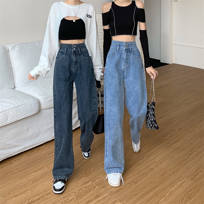 Celana panjang wanita baru slim-fit high-waist straight-leg jeans（Two buttons）