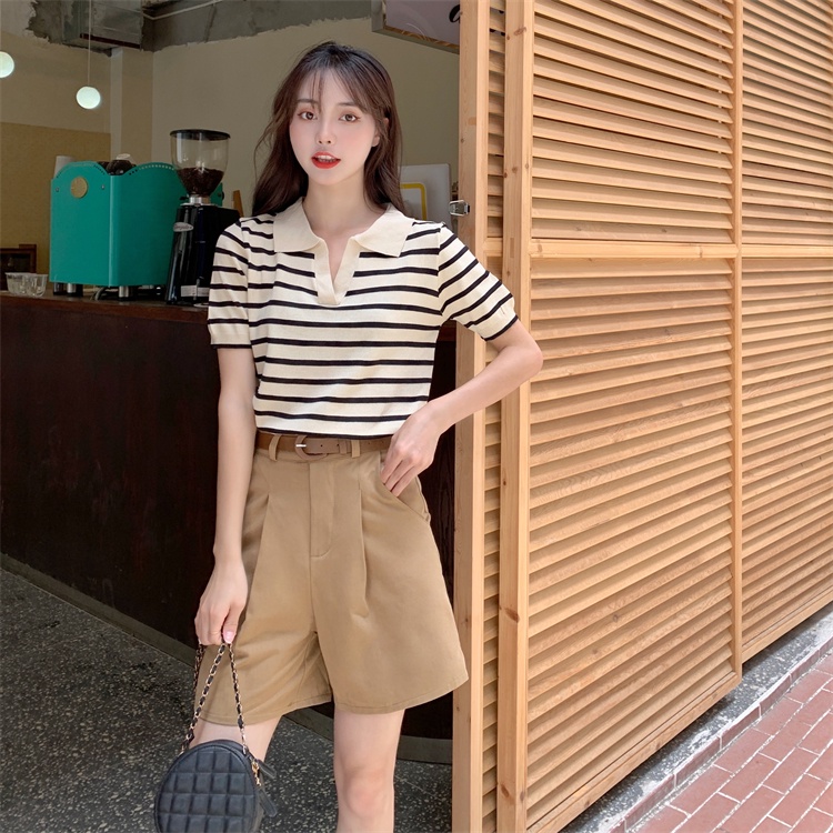 Kaos Rajut Wanita Stripe Lengan Pendek Knitwear Atasan Crop Top Korea